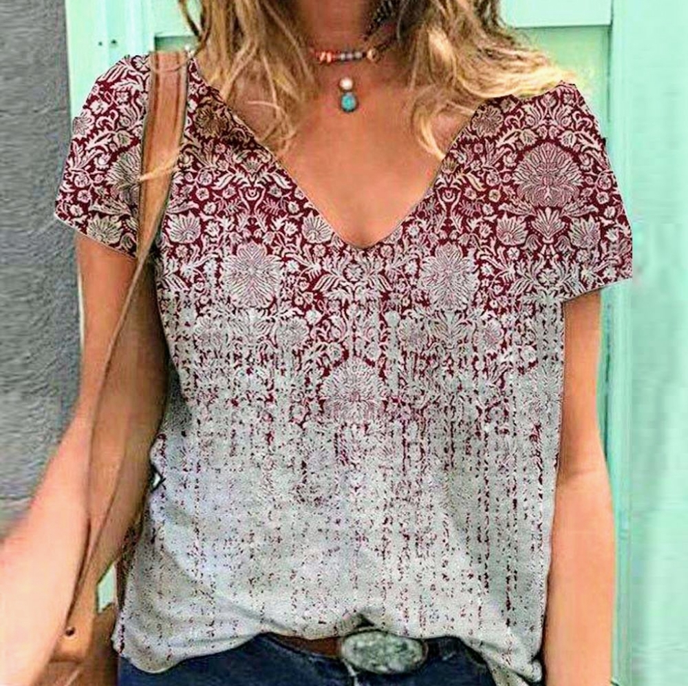 Distressed Victorian Print V Neck Top